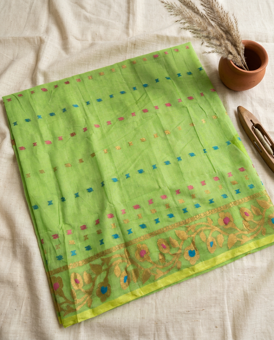 Harit Pushpa – Bengal Handloom Cotton Saree | Parrot Green Zari, Festive & Daily Wear