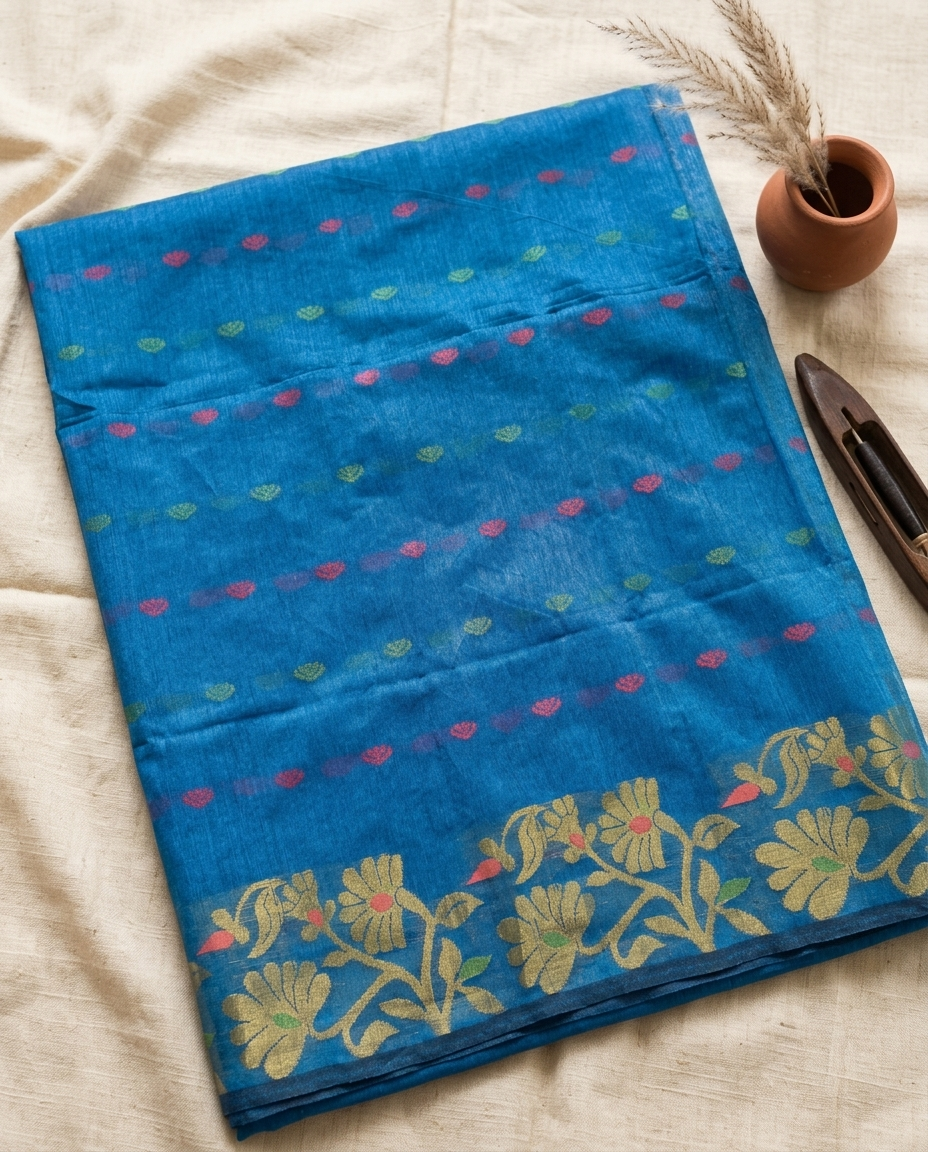 Neel Pushpa – Bengal Handloom Cotton Saree | Cerulean Blue Zari, Festive & Daily Wear