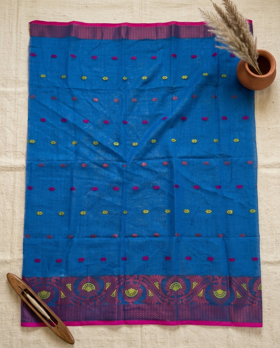 Neel Madhavi – Bengal Handloom Cotton Saree | Cobalt Blue Floral, Festive & Daily Wear