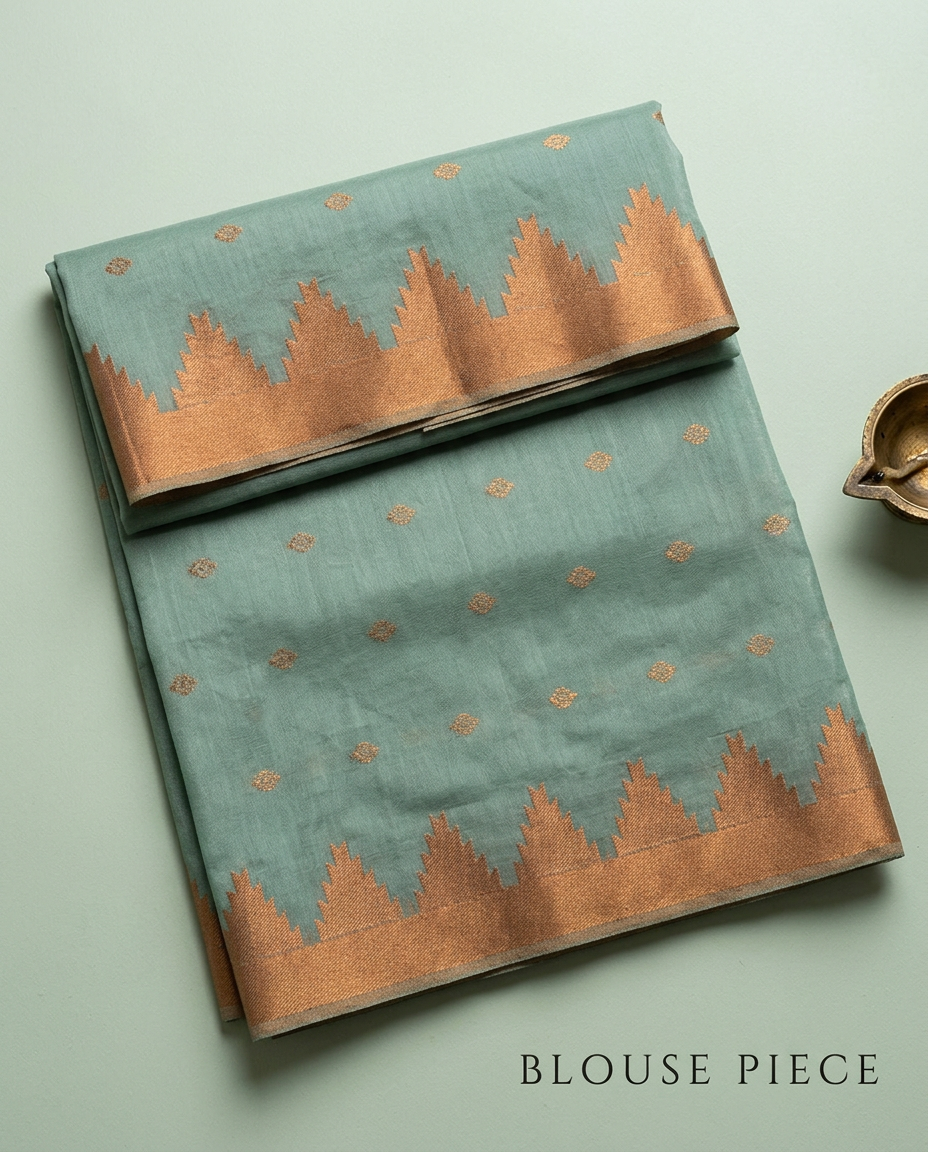 Swarna Pallav – Bengal Handloom Cotton Saree, Sage Green