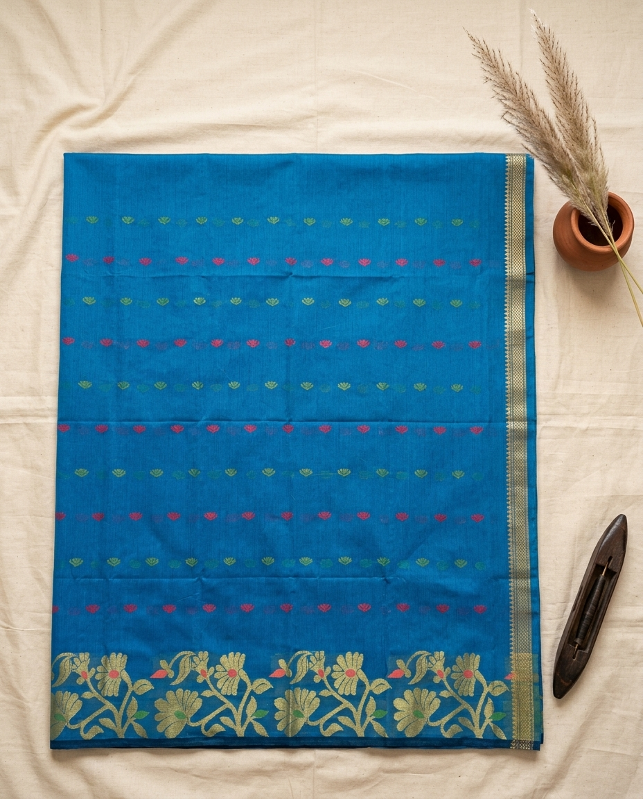 Neel Pushpa – Bengal Handloom Cotton Saree | Cerulean Blue Zari, Festive & Daily Wear