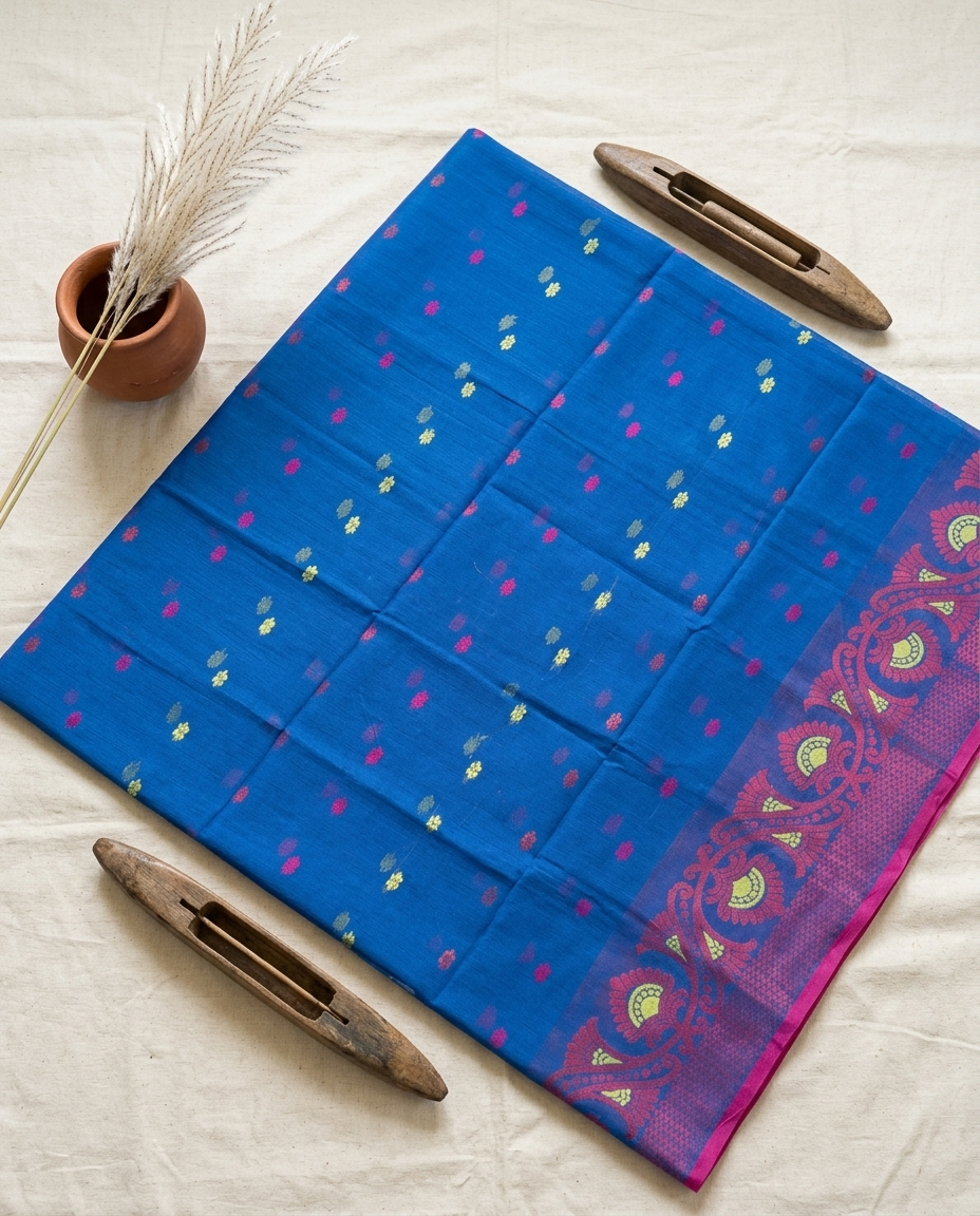 Neel Madhavi – Bengal Handloom Cotton Saree | Cobalt Blue Floral, Festive & Daily Wear