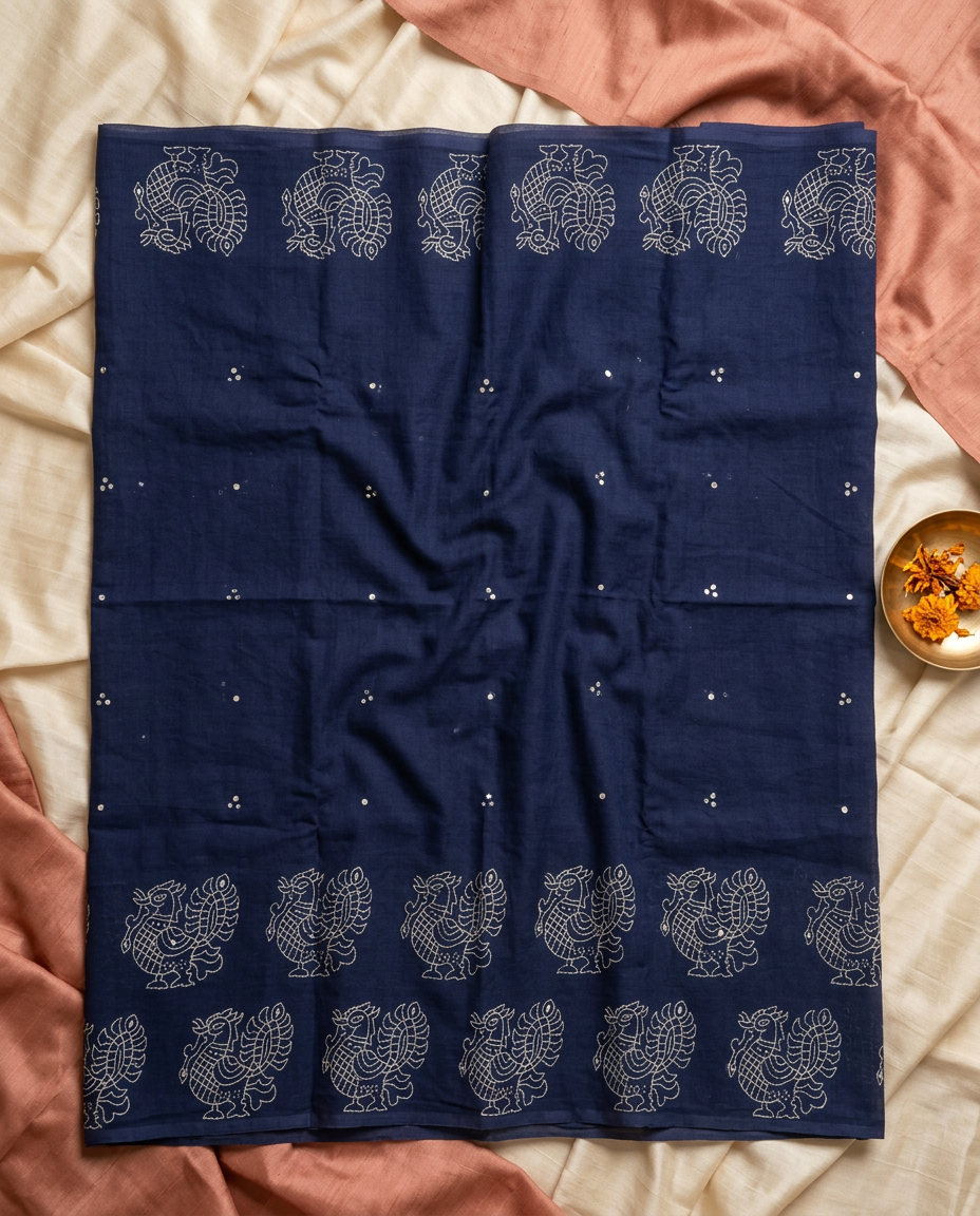 Neel Rekha – Indigo Kalam Print Linen Saree, Office Wear
