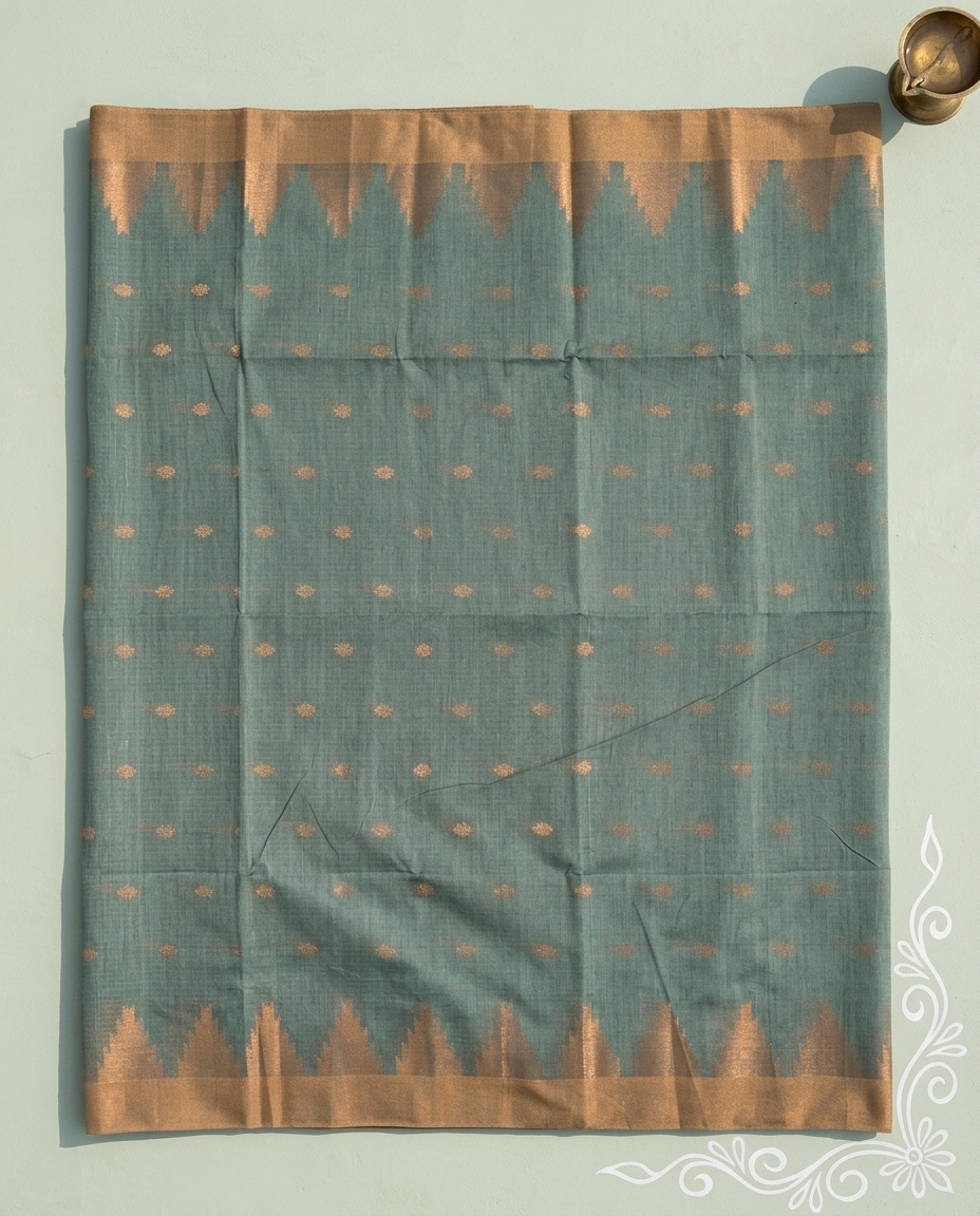Swarna Pallav – Bengal Handloom Cotton Saree, Sage Green