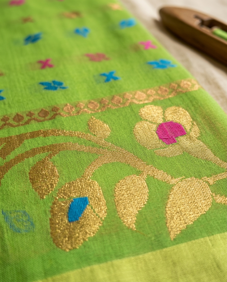 Harit Pushpa – Bengal Handloom Cotton Saree | Parrot Green Zari, Festive & Daily Wear