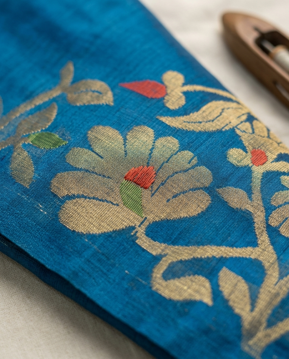 Neel Pushpa – Bengal Handloom Cotton Saree | Cerulean Blue Zari, Festive & Daily Wear