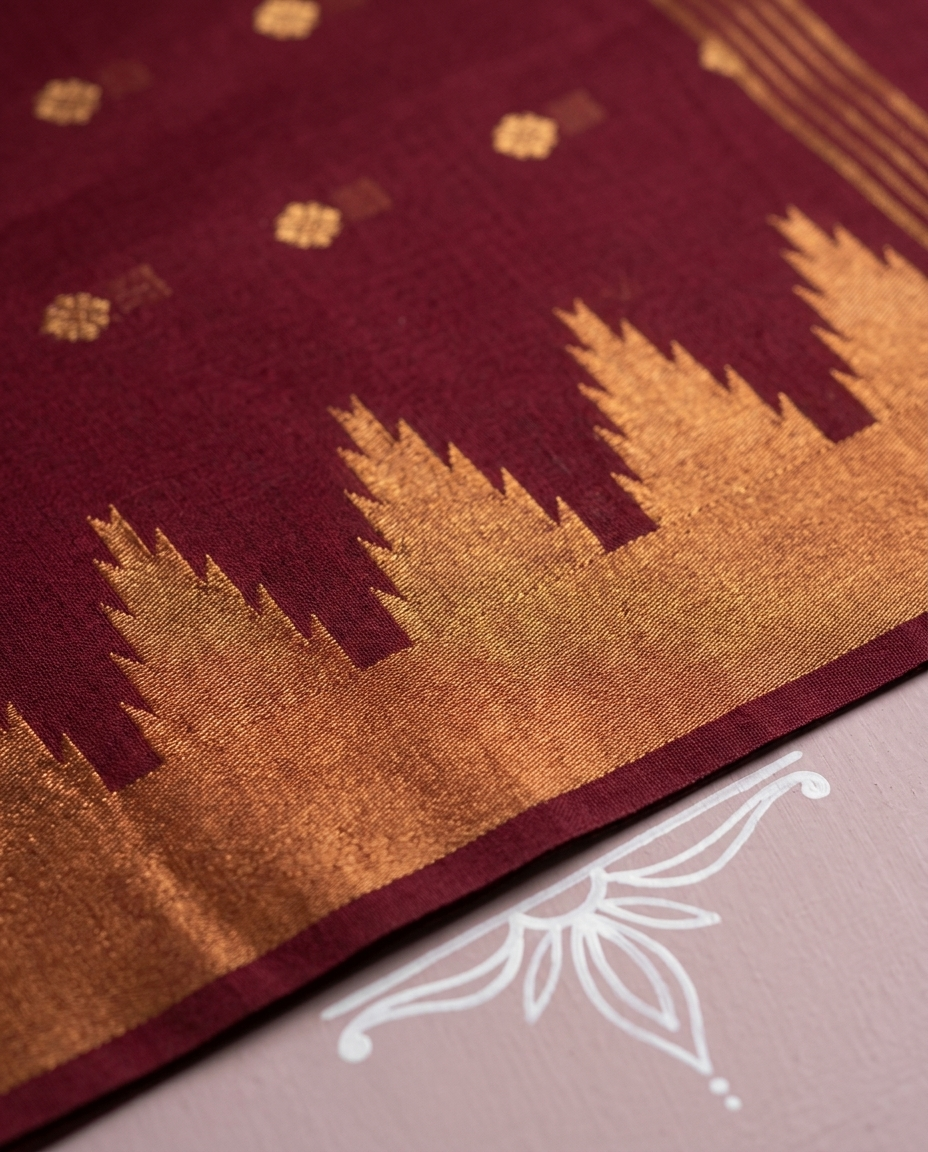 Kumkum Rekha – Bengal Handloom Cotton Saree, Maroon Zari