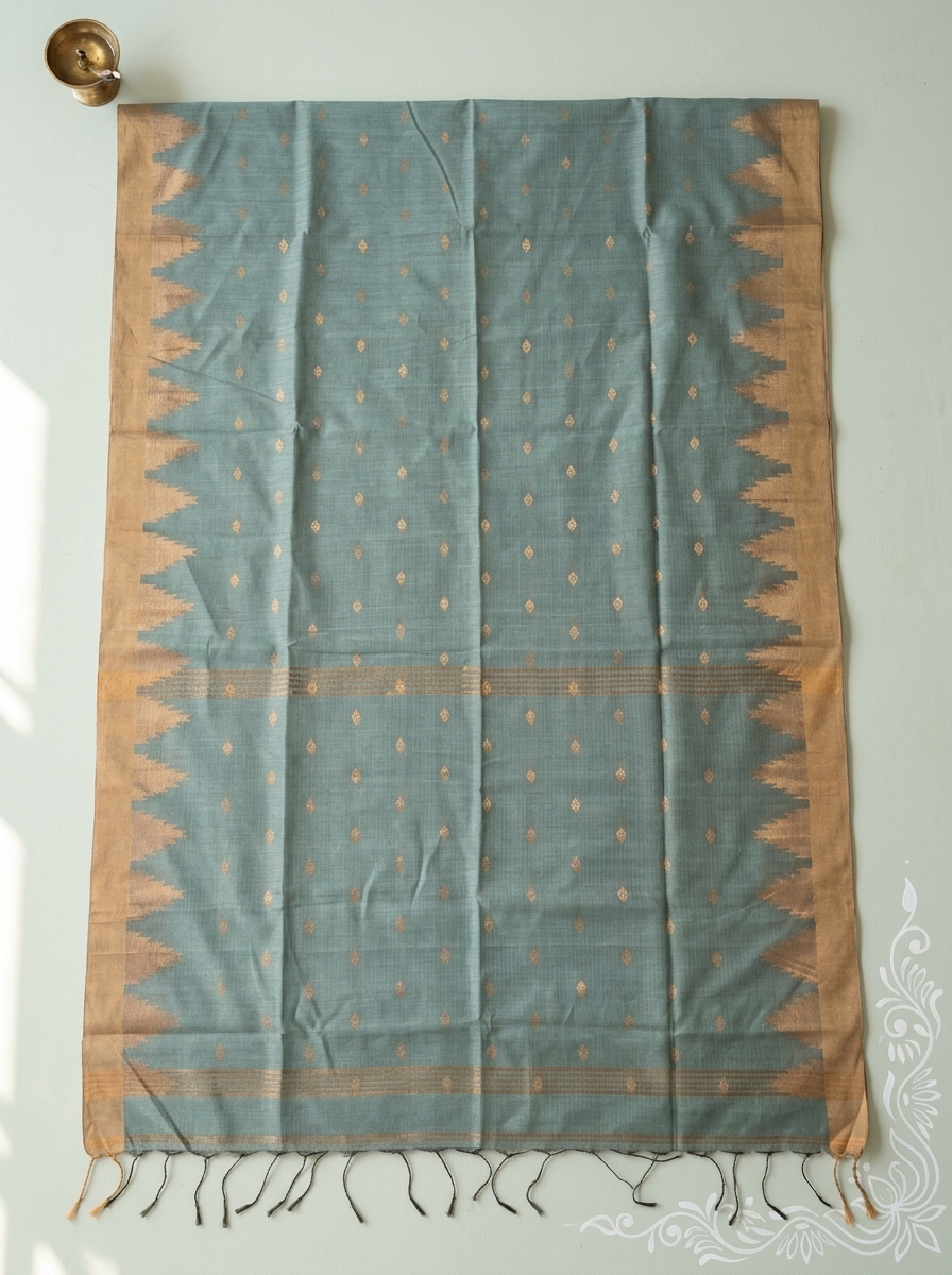 Swarna Pallav – Bengal Handloom Cotton Saree, Sage Green