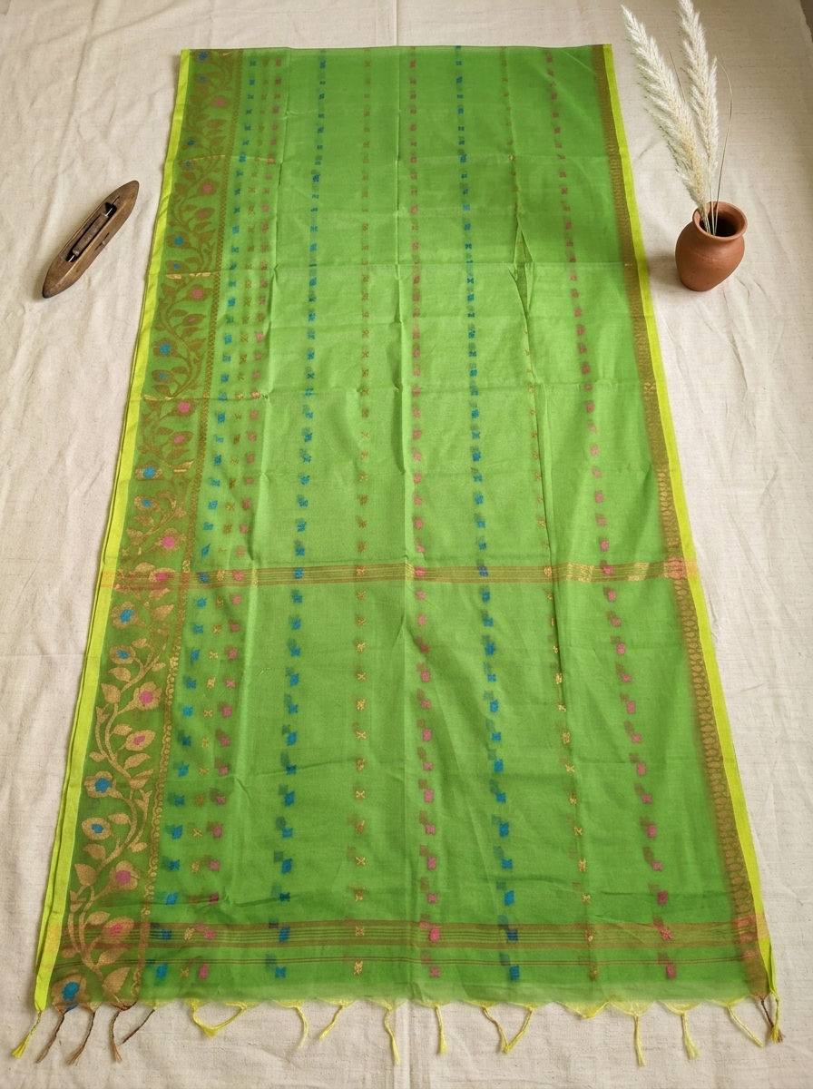 Harit Pushpa – Bengal Handloom Cotton Saree | Parrot Green Zari, Festive & Daily Wear