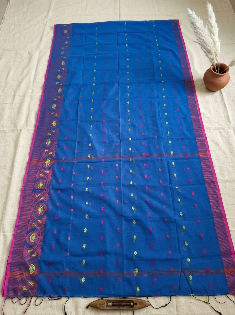 Neel Madhavi – Bengal Handloom Cotton Saree | Cobalt Blue Floral, Festive & Daily Wear