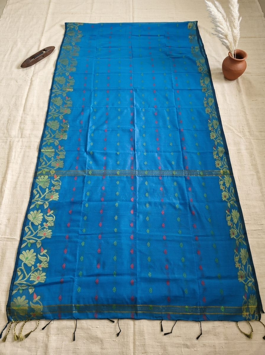 Neel Pushpa – Bengal Handloom Cotton Saree | Cerulean Blue Zari, Festive & Daily Wear
