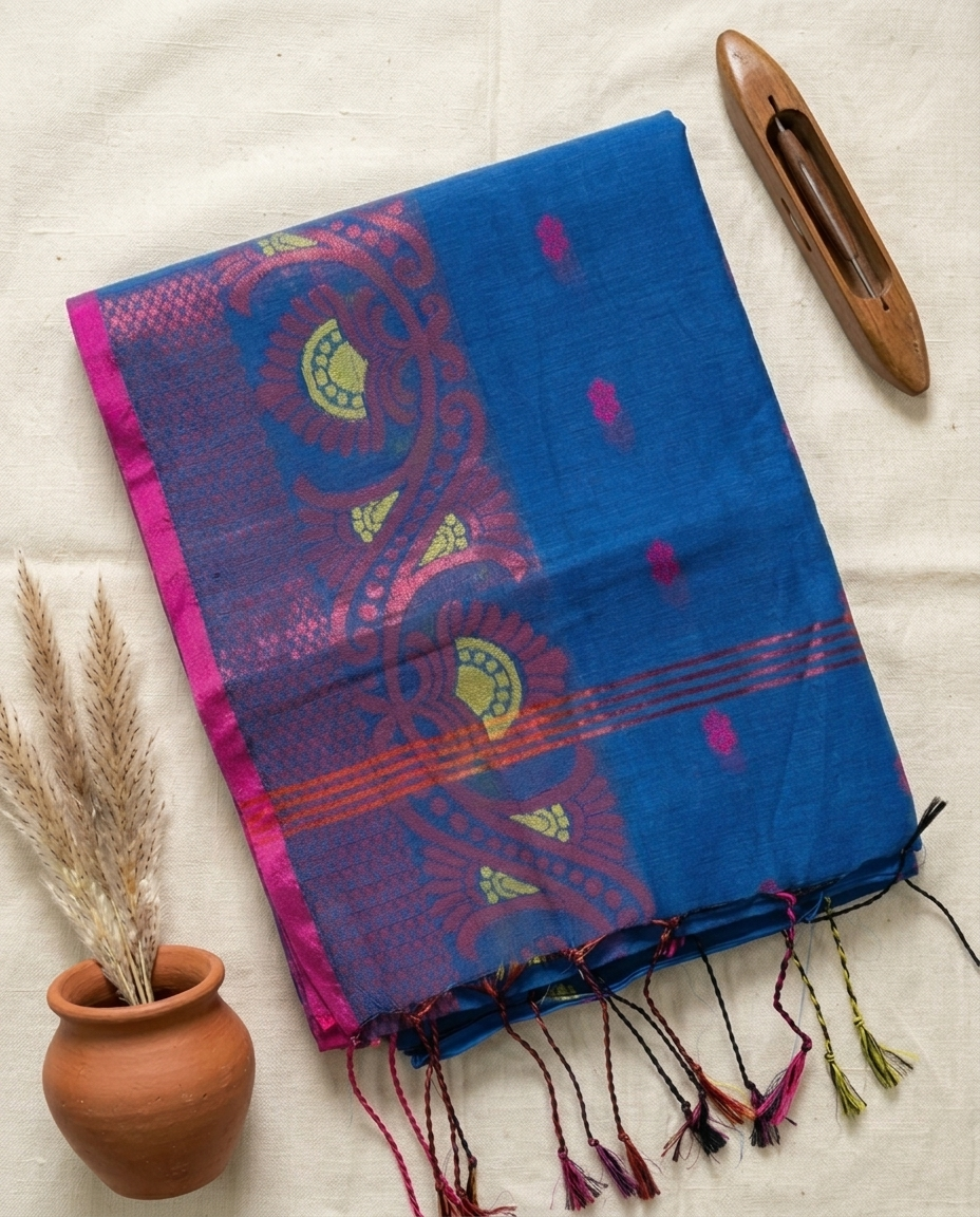 Neel Madhavi – Bengal Handloom Cotton Saree | Cobalt Blue Floral, Festive & Daily Wear