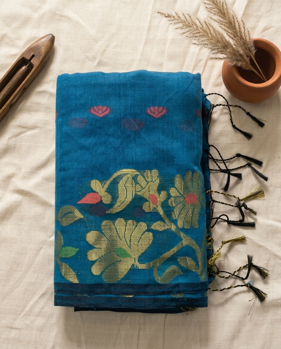 Neel Pushpa – Bengal Handloom Cotton Saree | Cerulean Blue Zari, Festive & Daily Wear