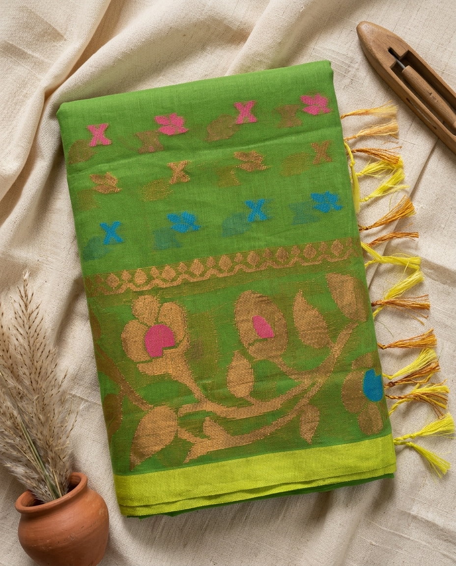 Harit Pushpa – Bengal Handloom Cotton Saree | Parrot Green Zari, Festive & Daily Wear