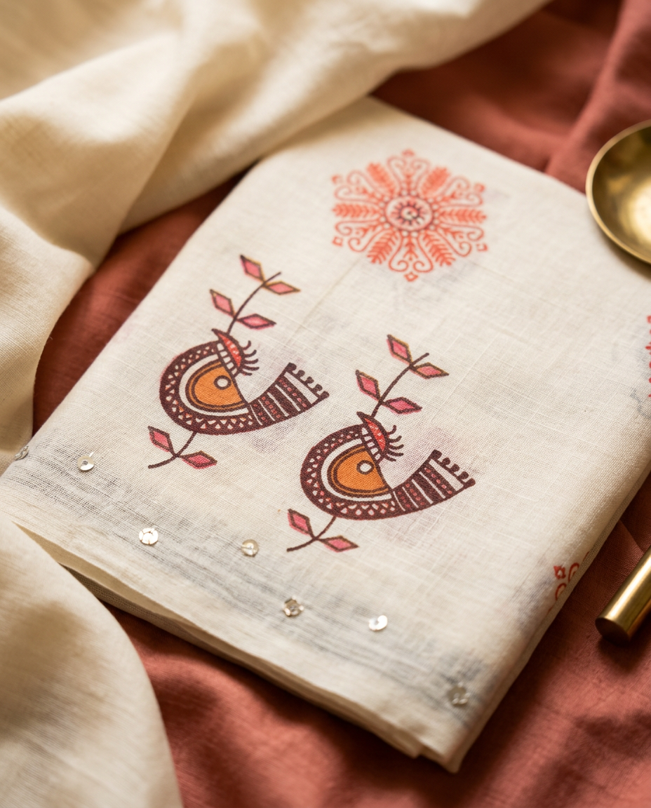 Laal Chidiya – Folk Bird Print Linen Saree, Festive