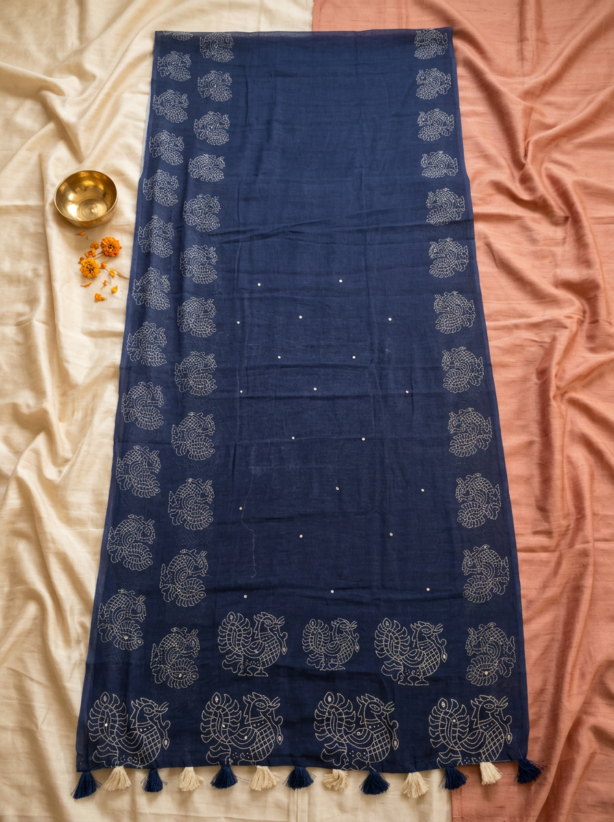 Neel Rekha – Indigo Kalam Print Linen Saree, Office Wear