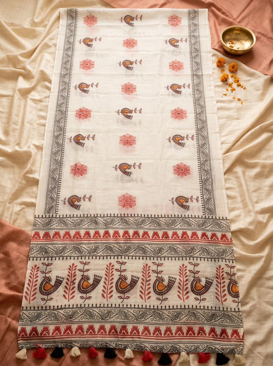 Laal Chidiya – Folk Bird Print Linen Saree, Festive