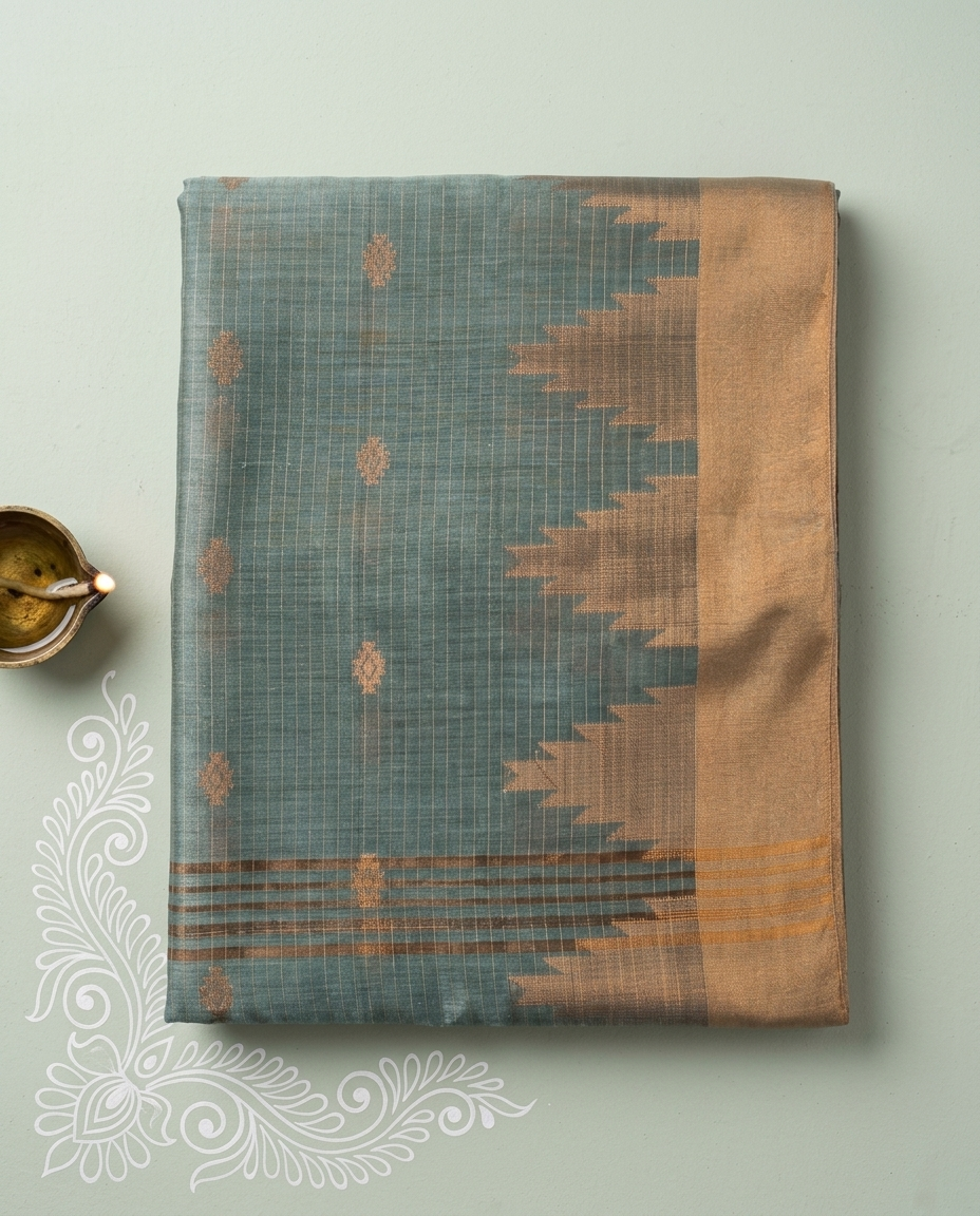 Swarna Pallav – Bengal Handloom Cotton Saree, Sage Green