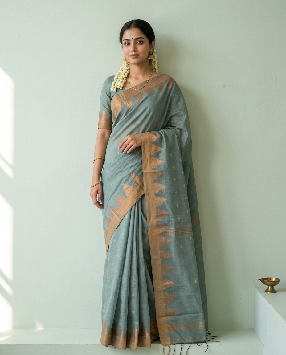 Swarna Pallav – Bengal Handloom Cotton Saree, Sage Green