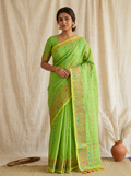 Harit Pushpa – Bengal Handloom Cotton Saree | Parrot Green Zari, Festive & Daily Wear