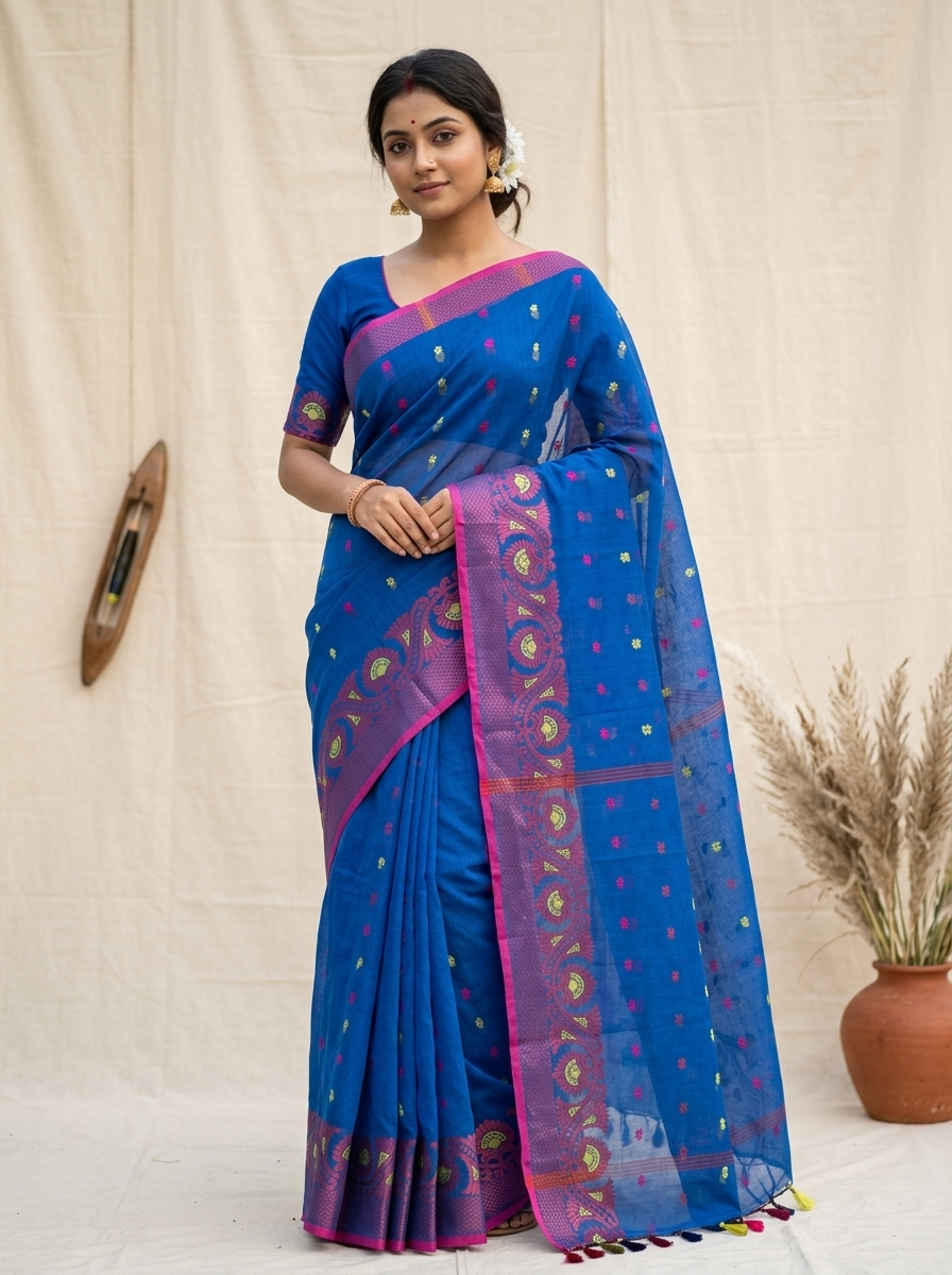 Neel Madhavi – Bengal Handloom Cotton Saree | Cobalt Blue Floral, Festive & Daily Wear