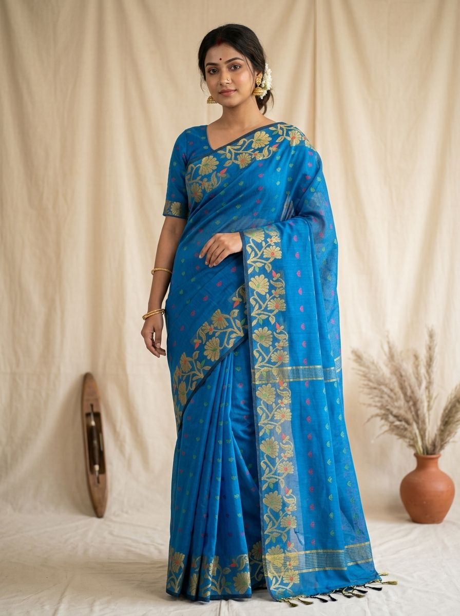 Neel Pushpa – Bengal Handloom Cotton Saree | Cerulean Blue Zari, Festive & Daily Wear