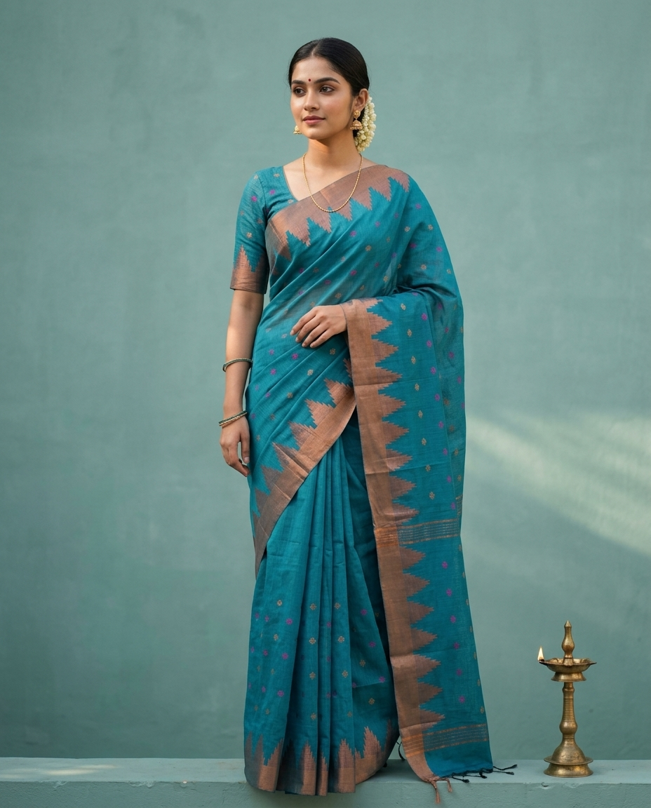 Yamuna Ragini – Bengal Handloom Cotton Saree, Turquoise