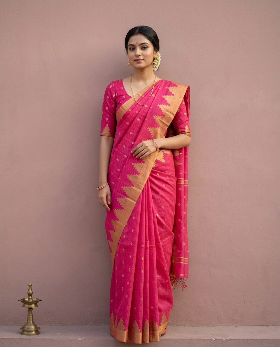 Ragini Madhav – Bengal Handloom Cotton Saree, Rani Pink
