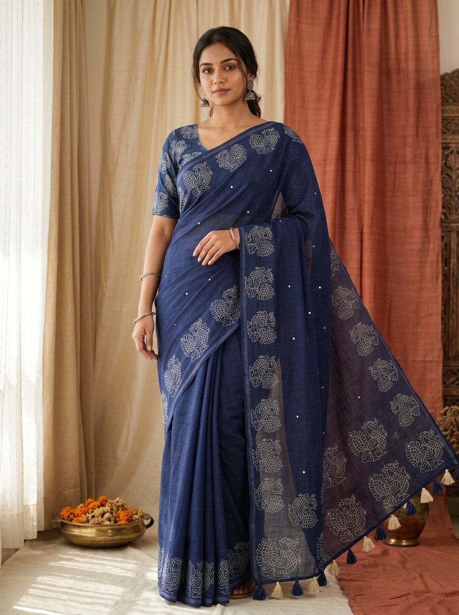 Indigo Kalam-print linen saree with off-white base and handmade tassels — Neel Rekha by Vaidehya