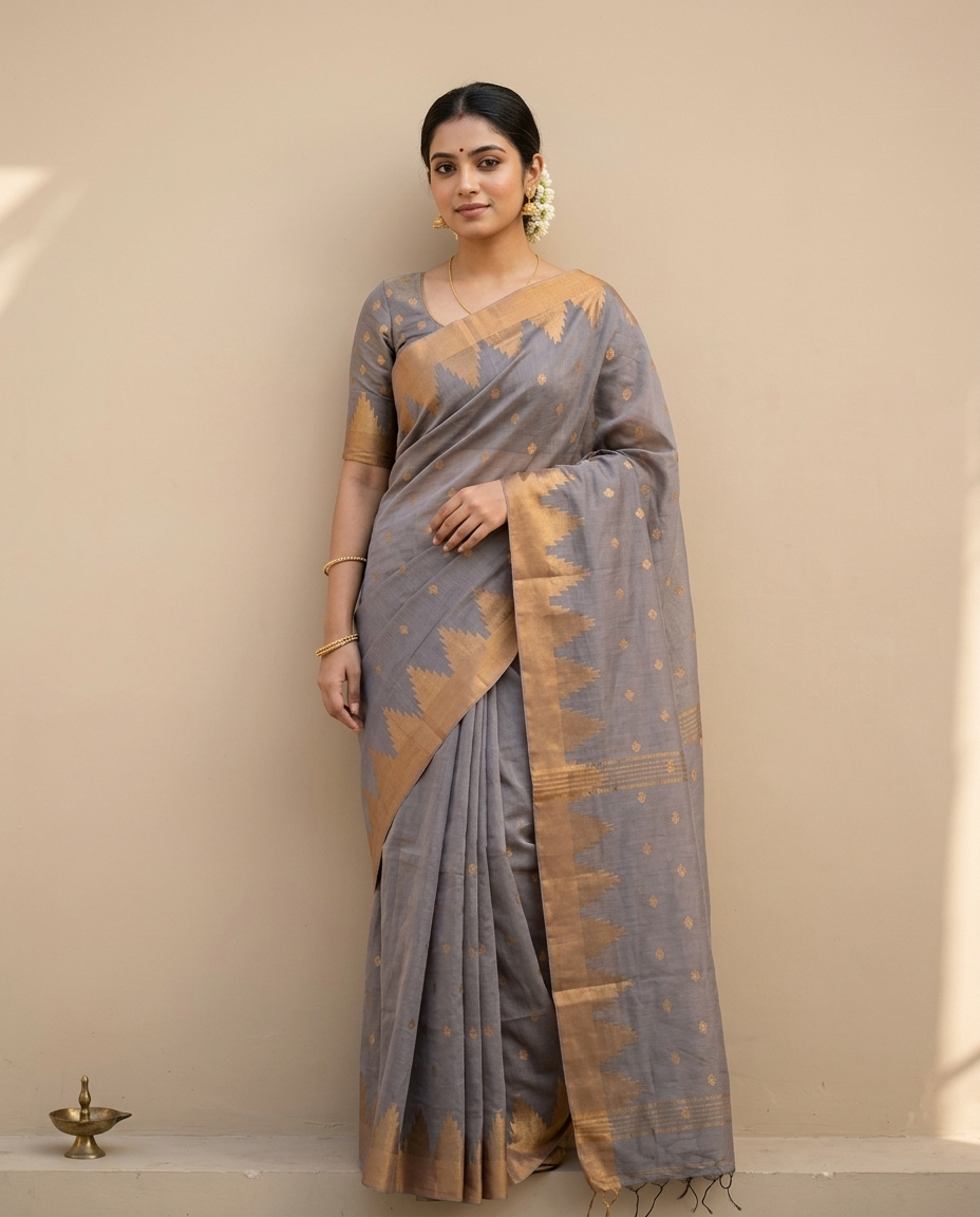 Rajata Kiran – Bengal Handloom Cotton Saree, Silver Grey