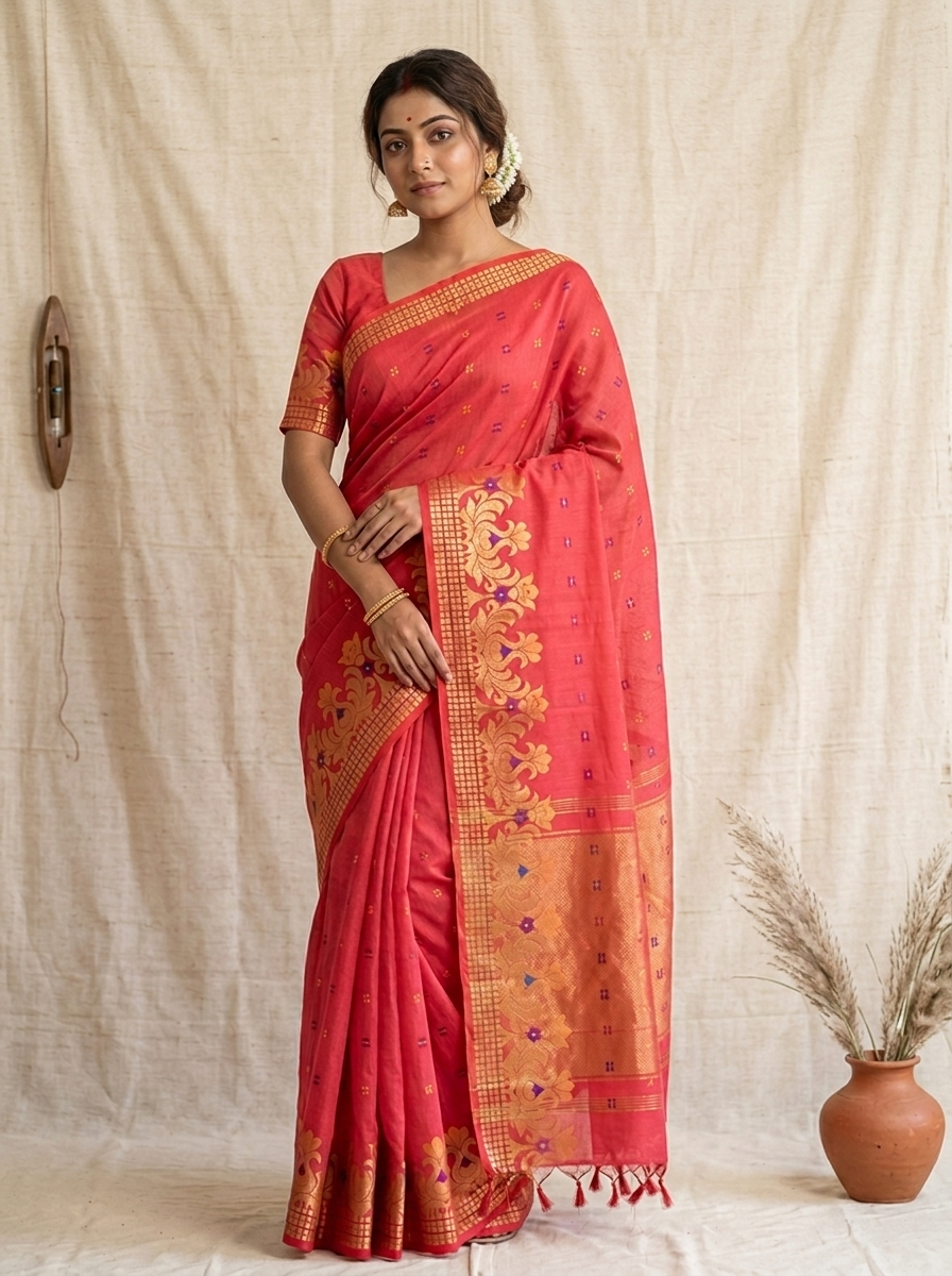 Sindoor Pushpa – Bengal Handloom Cotton Saree | Vermilion Red, Festive & Wedding Wear