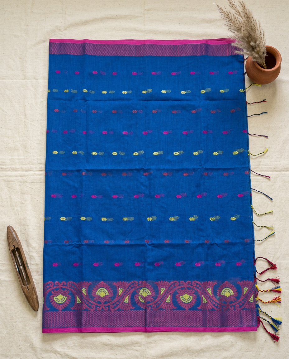 Neel Madhavi – Bengal Handloom Cotton Saree | Cobalt Blue Floral, Festive & Daily Wear
