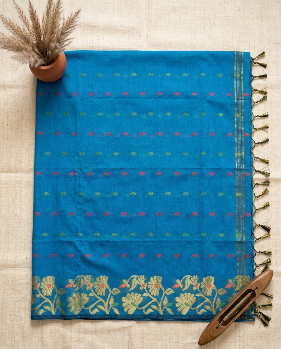 Neel Pushpa – Bengal Handloom Cotton Saree | Cerulean Blue Zari, Festive & Daily Wear