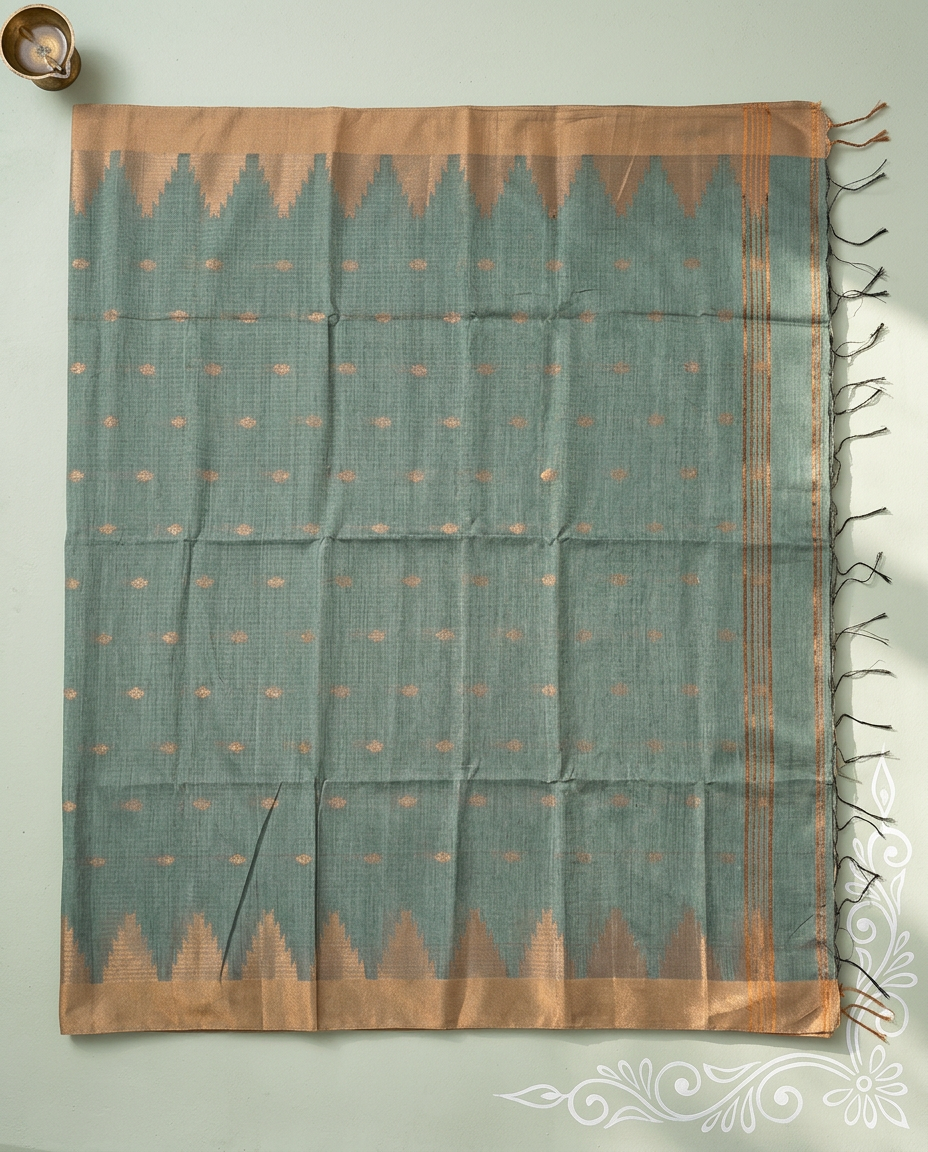 Swarna Pallav – Bengal Handloom Cotton Saree, Sage Green