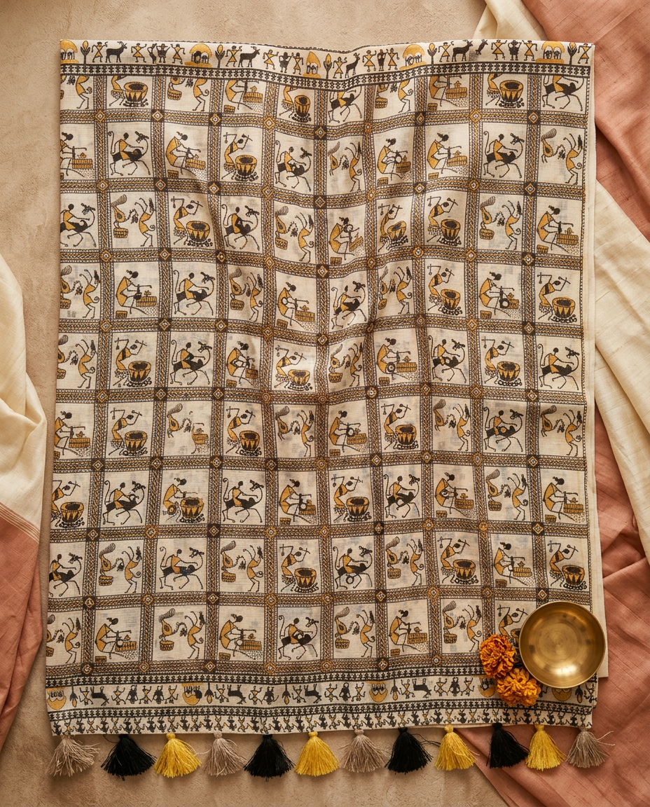 Gaon Rekha – Folk Panel Print Linen Saree, Off-White Gold