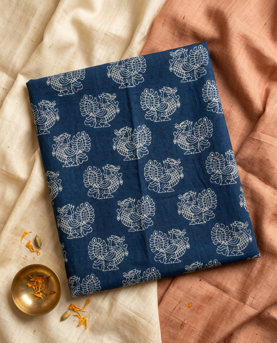 Neel Rekha – Indigo Kalam Print Linen Saree, Office Wear