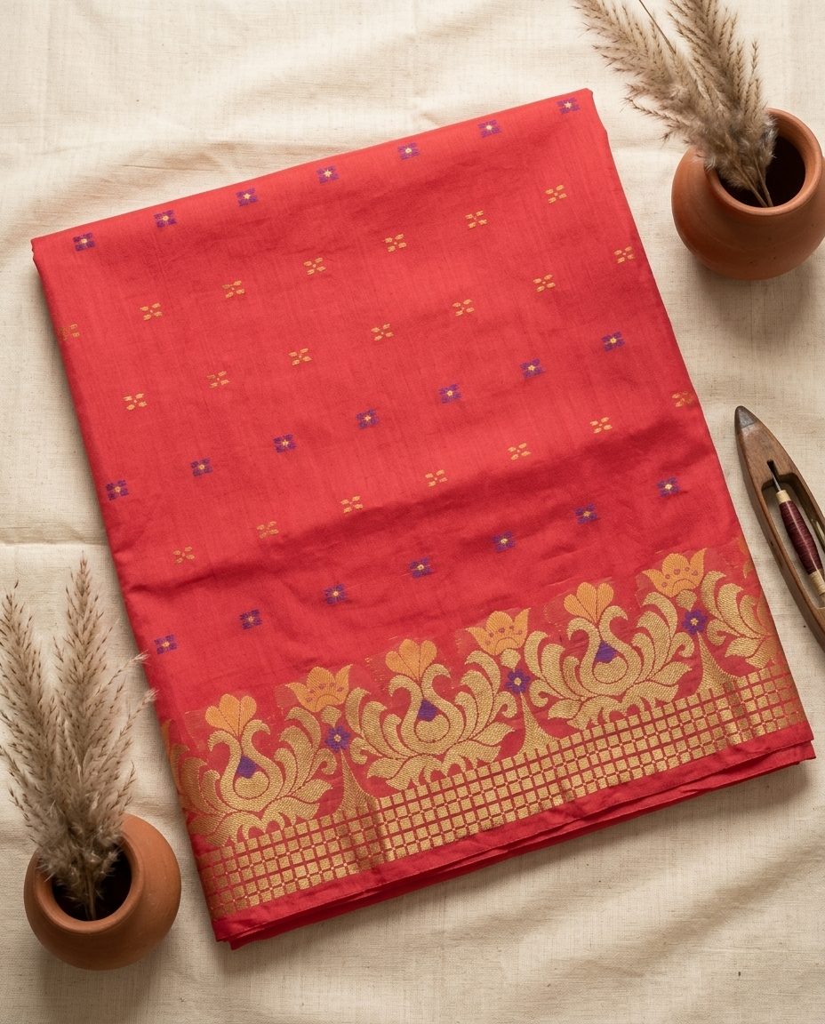 Sindoor Pushpa – Bengal Handloom Cotton Saree | Vermilion Red, Festive & Wedding Wear