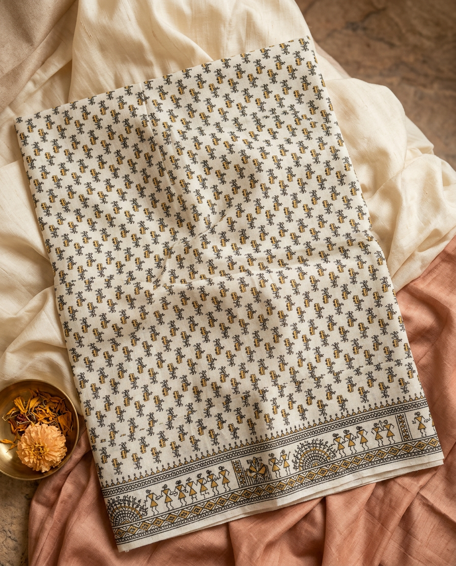 Gaon Rekha – Folk Panel Print Linen Saree, Off-White Gold