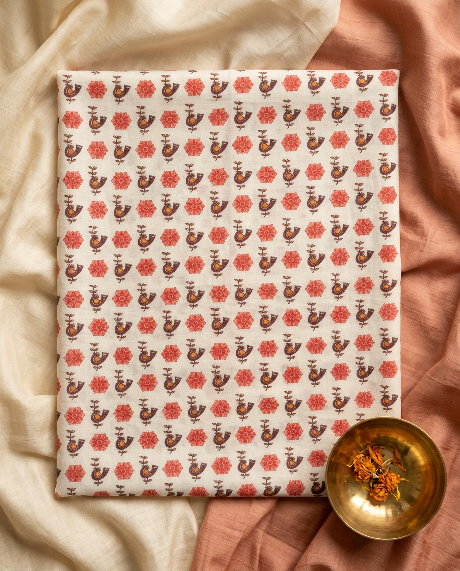 Laal Chidiya – Folk Bird Print Linen Saree, Festive