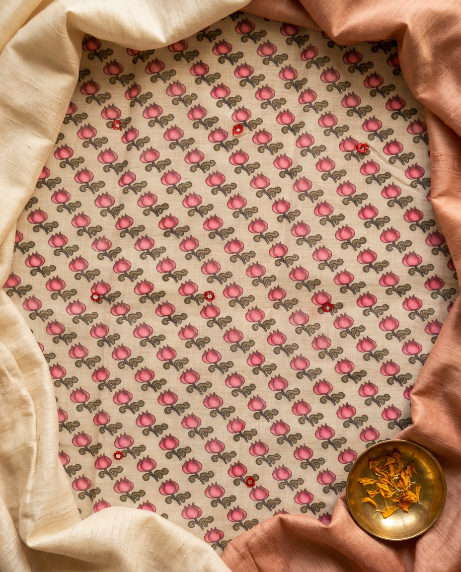 Pushparekha – Kalamkari Floral Linen Saree, Beige Sand