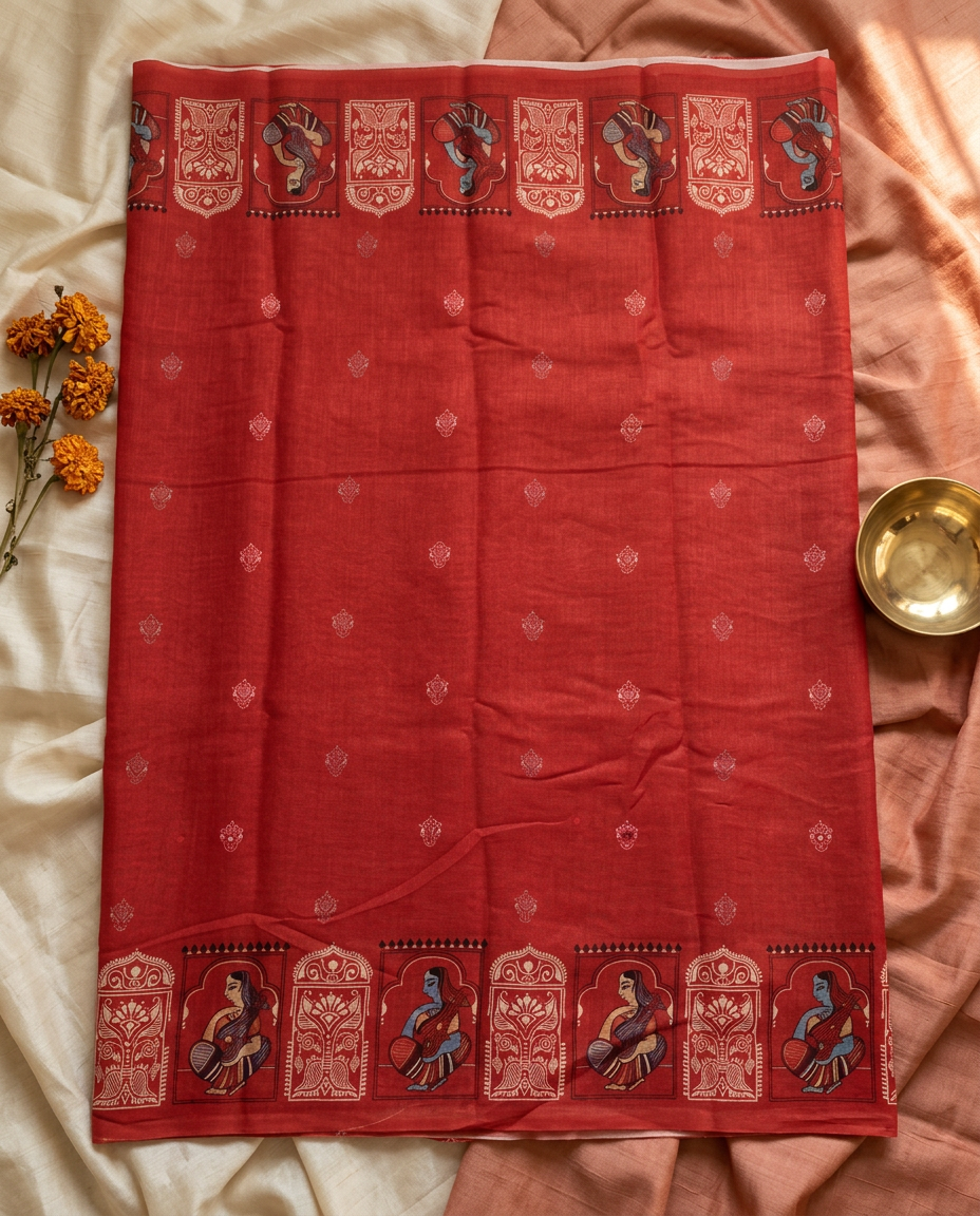 Raasvilas – Raasleela Folk Print Linen Saree, Rust Red