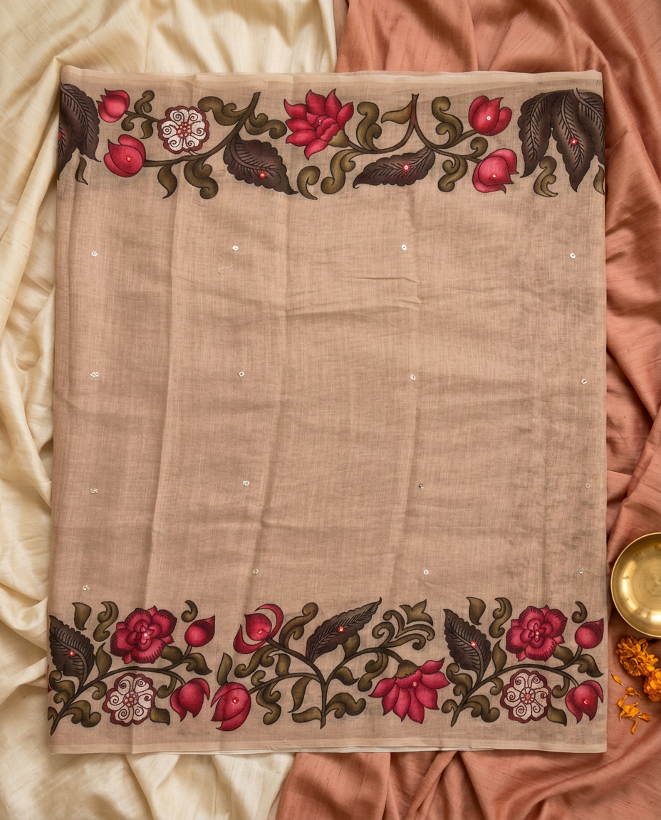 Pushparekha – Kalamkari Floral Linen Saree, Beige Sand