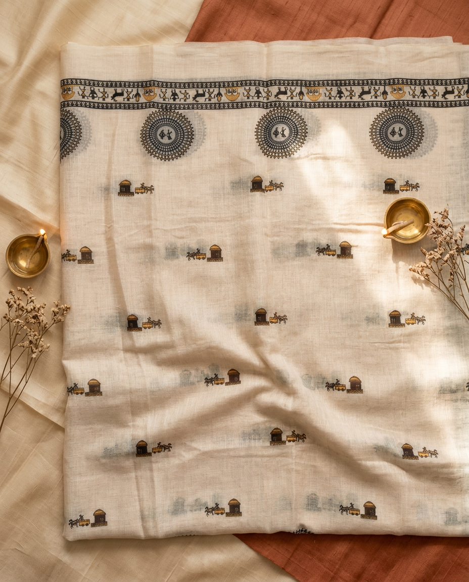 Gaon Rekha – Folk Panel Print Linen Saree, Off-White Gold