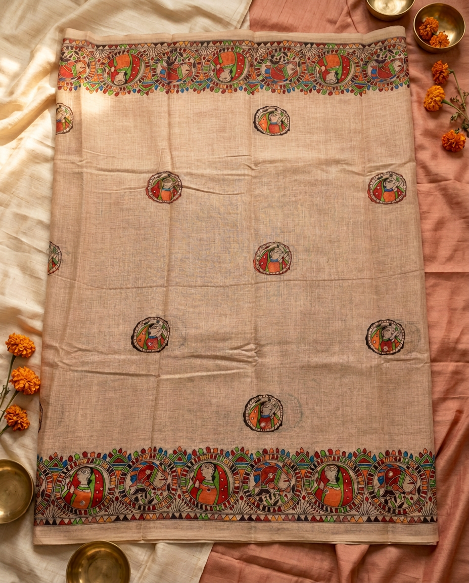 Madhur Rekha – Madhubani Folk Art Linen Saree, Beige