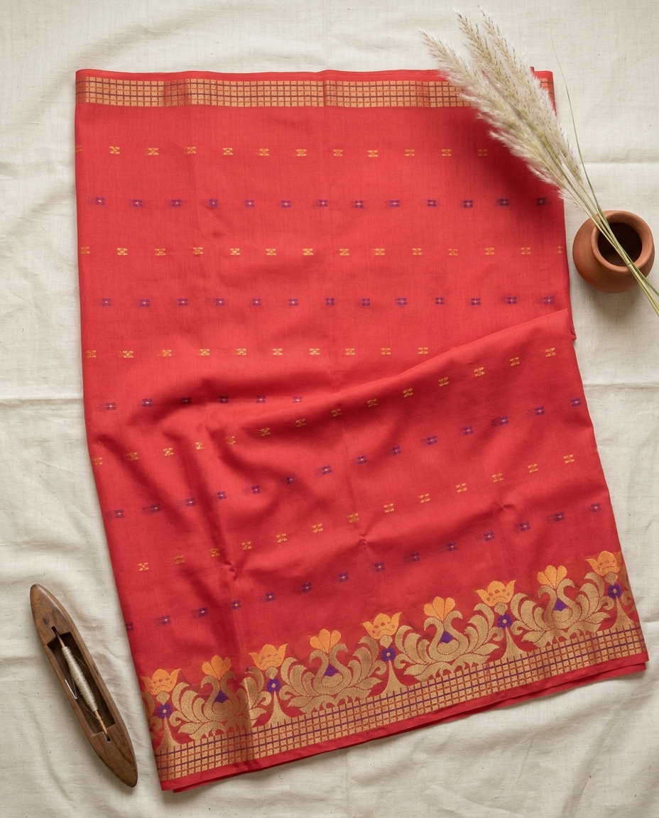 Sindoor Pushpa – Bengal Handloom Cotton Saree | Vermilion Red, Festive & Wedding Wear