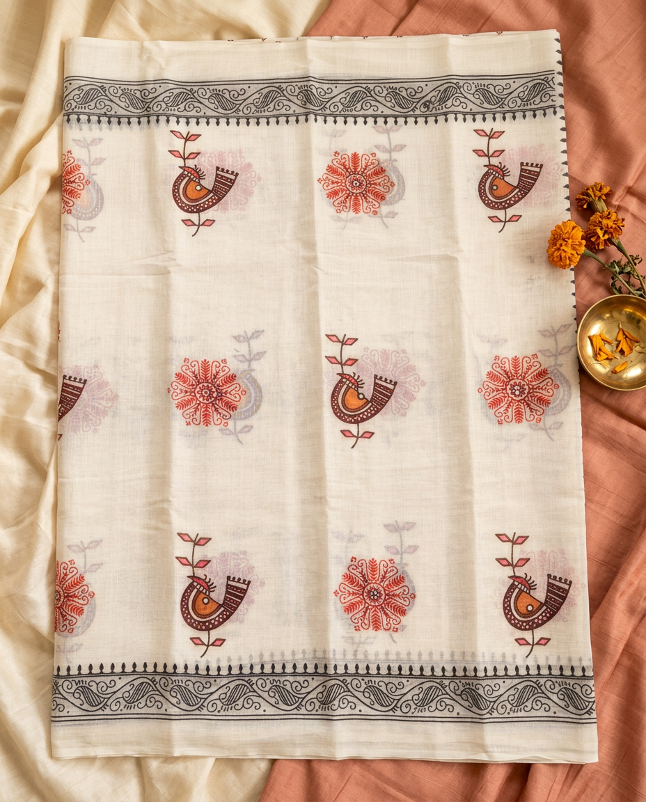 Laal Chidiya – Folk Bird Print Linen Saree, Festive