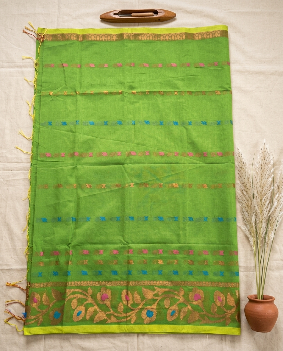 Harit Pushpa – Bengal Handloom Cotton Saree | Parrot Green Zari, Festive & Daily Wear