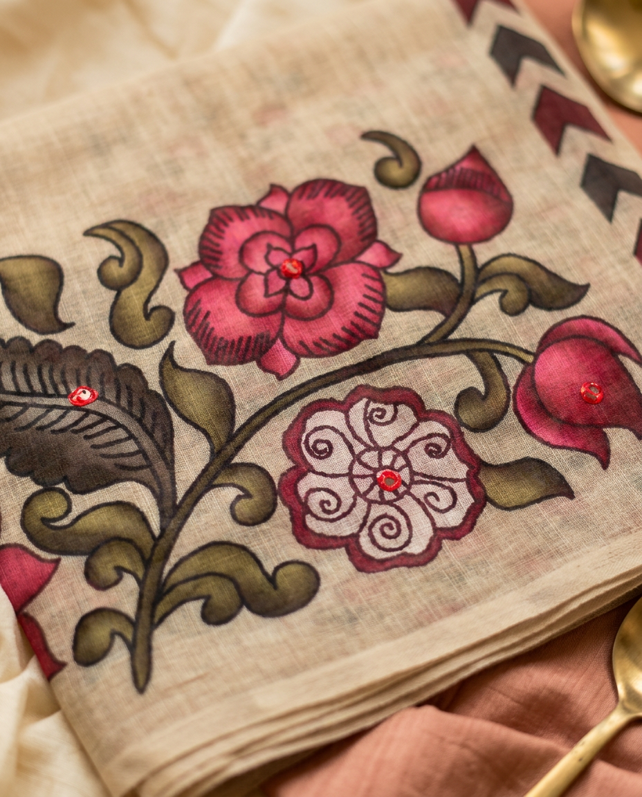 Pushparekha – Kalamkari Floral Linen Saree, Beige Sand