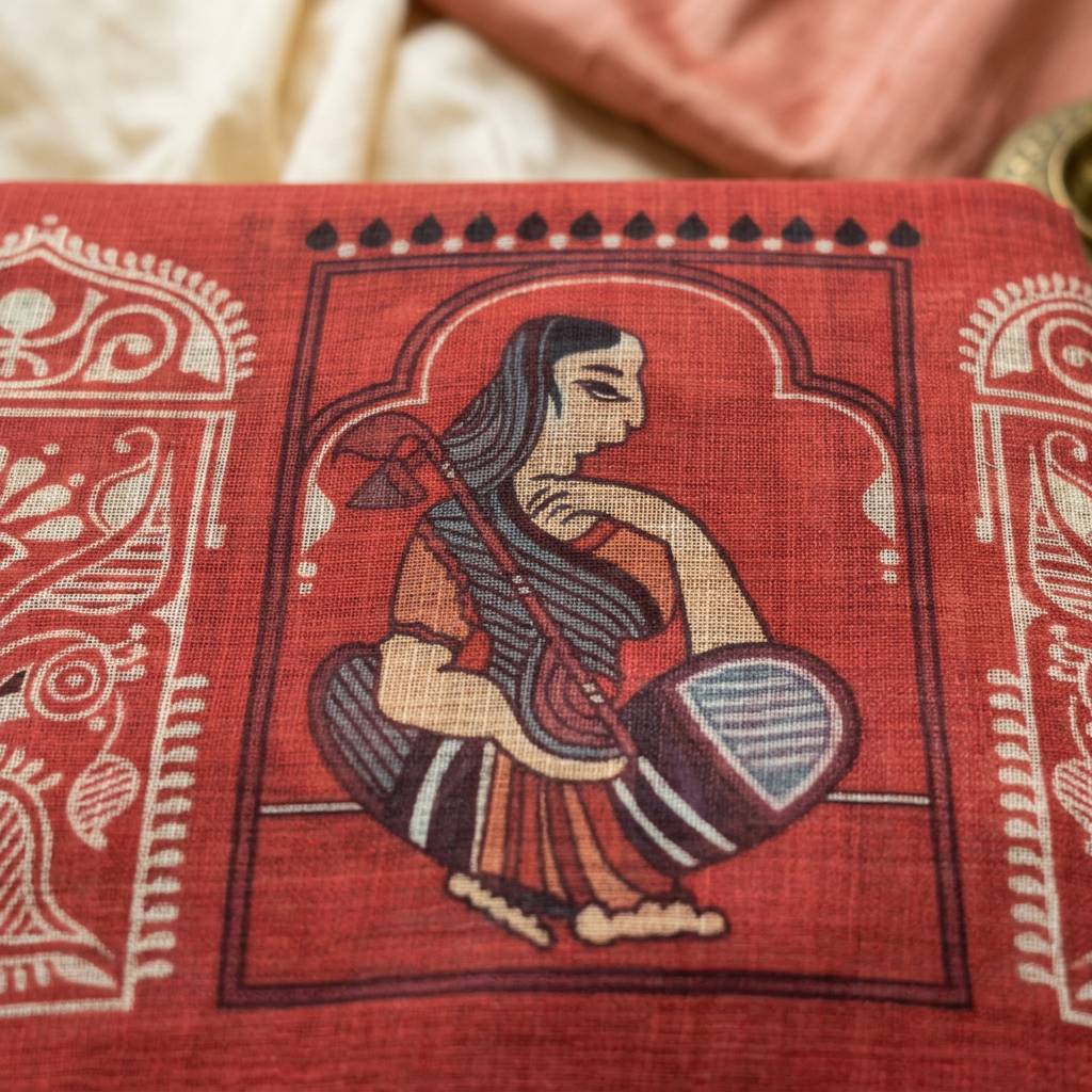 Raasvilas – Raasleela Folk Print Linen Saree, Rust Red