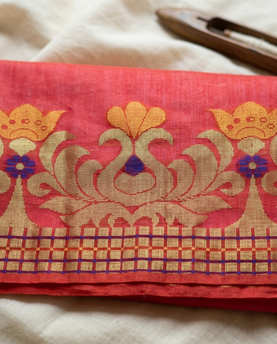 Sindoor Pushpa – Bengal Handloom Cotton Saree | Vermilion Red, Festive & Wedding Wear